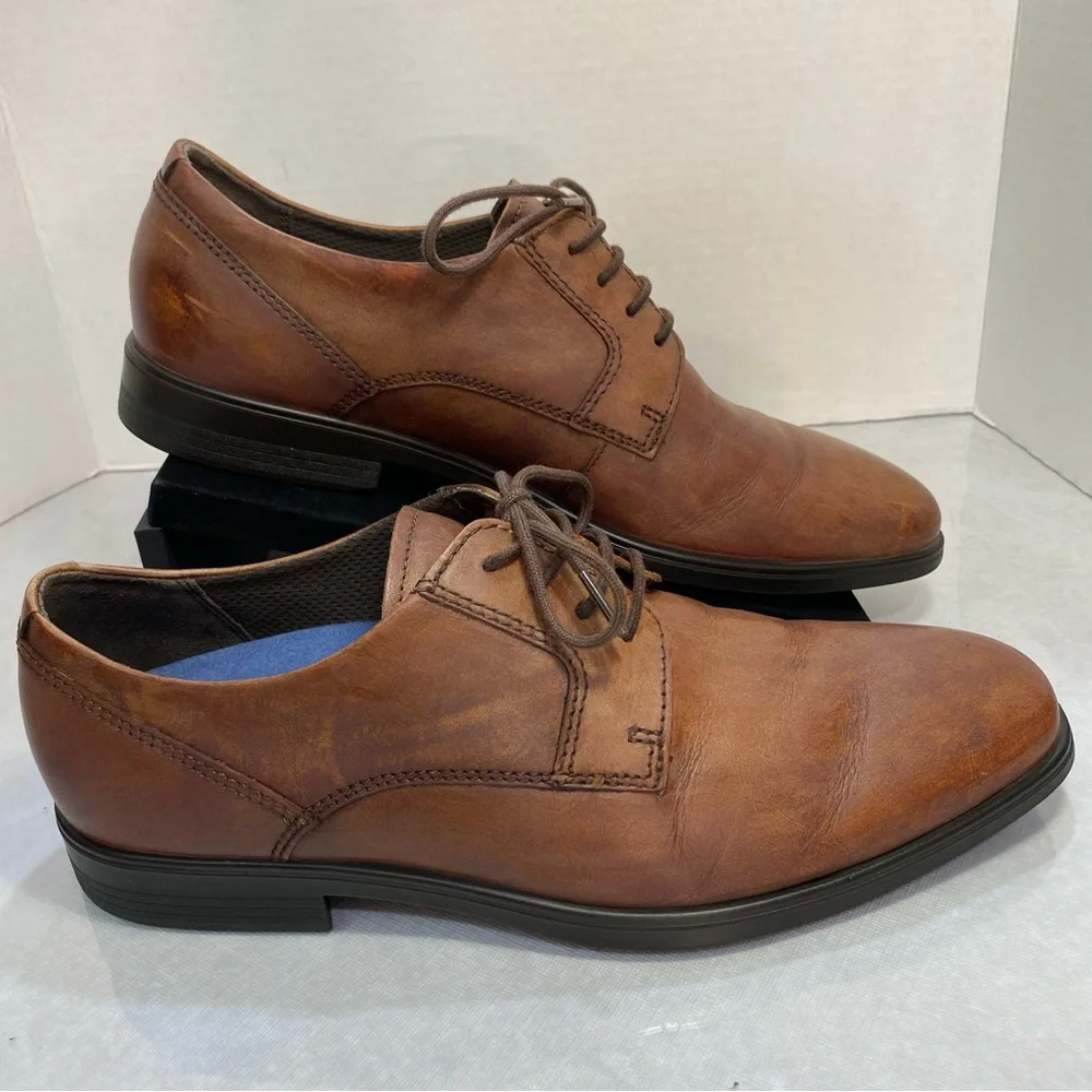ECCO Cognac Leather Derby Dress Shoes EU 43 US 9–9.5 Comfort Plain Toe